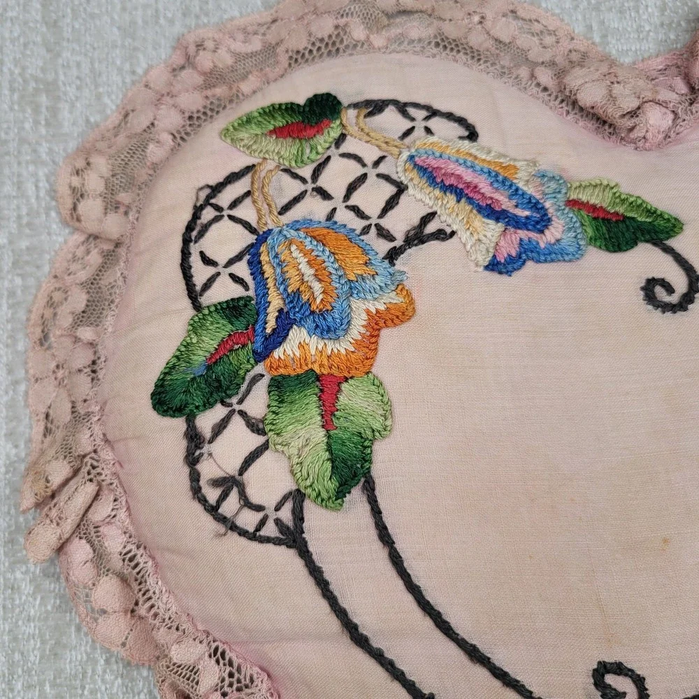 Vintage Embroidered Heart Shaped Pillow Lace 12x12 Shabby‎ Chic Cottagecore